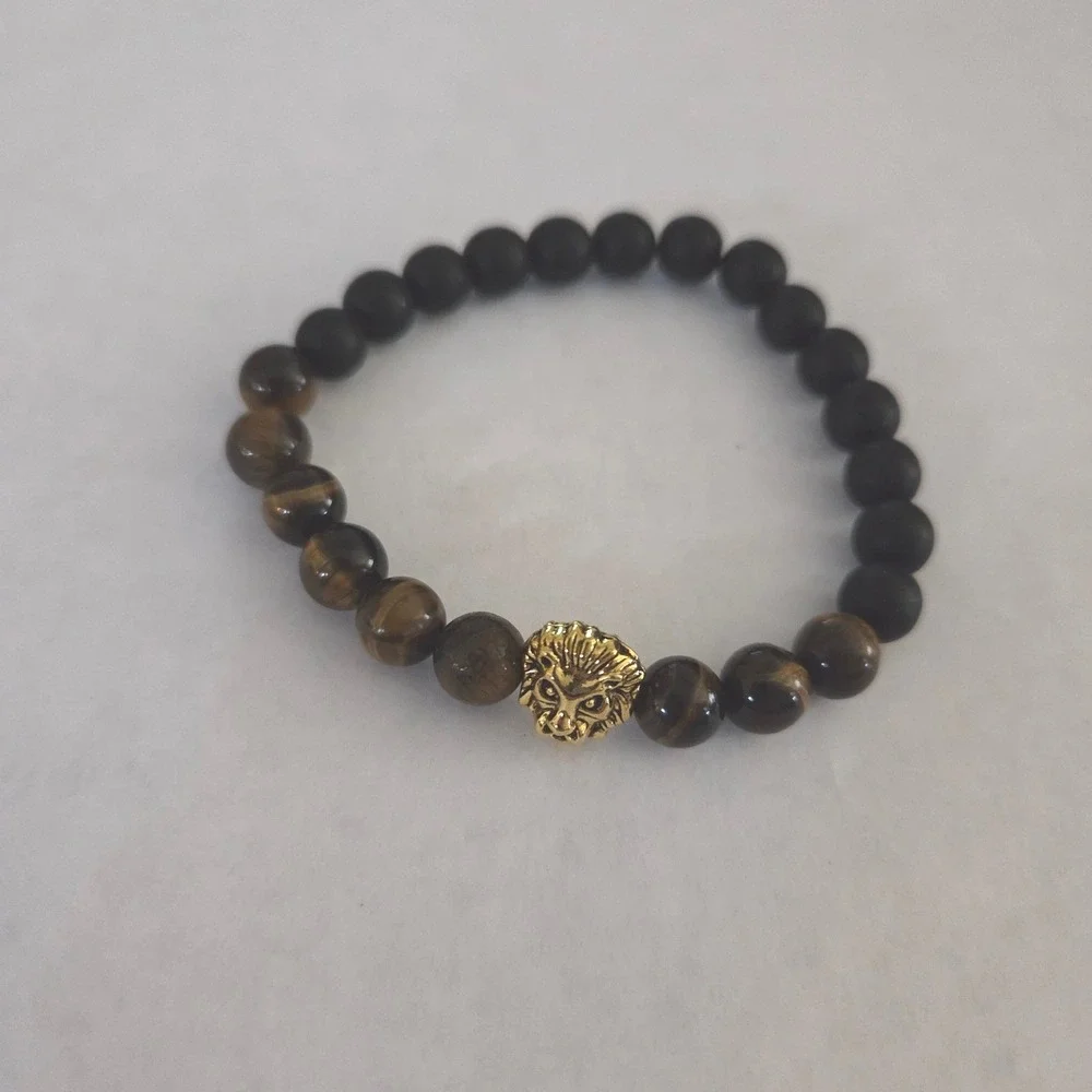 Lion Head Tiger's Eye and‎ Matte Black Onyx Beaded Stretch Bracelet NEW